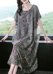 French Grey Oversized Embroideried Silk Dress Summer