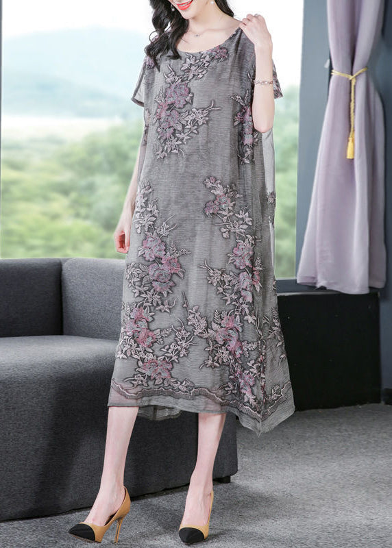 French Grey Oversized Embroideried Silk Dress Summer