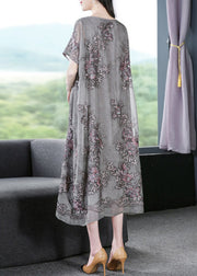 French Grey Oversized Embroideried Silk Dress Summer