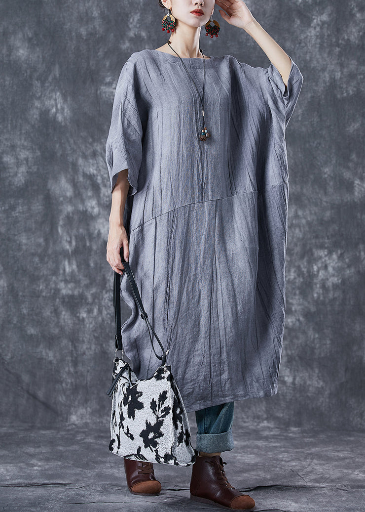 French Grey Oversized Patchwork Linen Dresses Batwing Sleeve