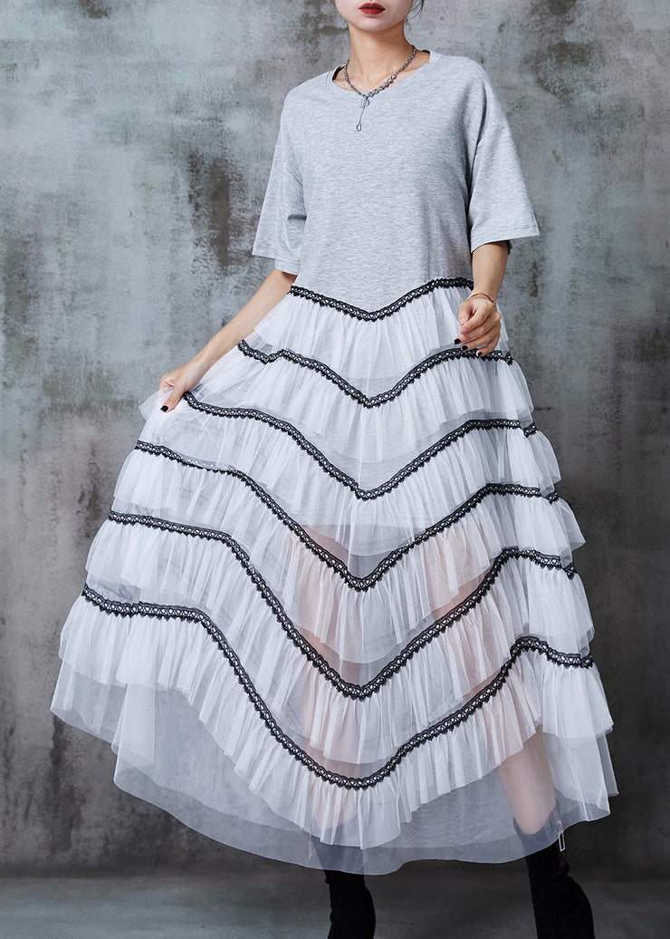 French Grey Oversized Patchwork Tulle Long Dress Summer