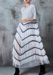 French Grey Oversized Patchwork Tulle Long Dress Summer