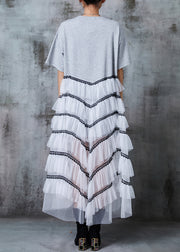 French Grey Oversized Patchwork Tulle Long Dress Summer