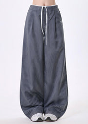 French Grey Oversized Striped Cotton Wide Leg Pants Spring