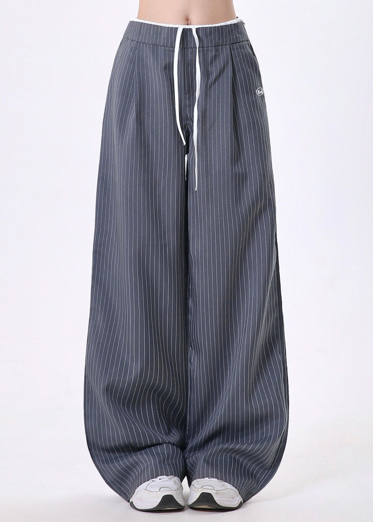 French Grey Oversized Striped Cotton Wide Leg Pants Spring