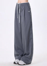 French Grey Oversized Striped Cotton Wide Leg Pants Spring