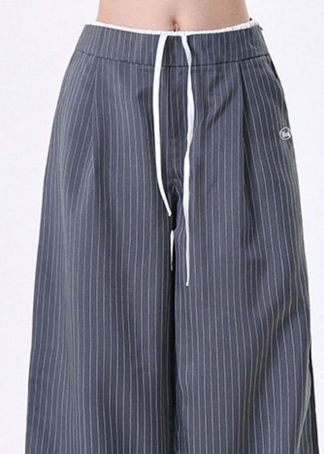 French Grey Oversized Striped Cotton Wide Leg Pants Spring