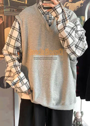 French Grey Peter Pan Collar Plaid Patchwork Cotton Mens Sweatshirt Spring