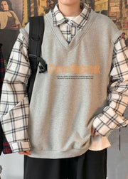 French Grey Peter Pan Collar Plaid Patchwork Cotton Mens Sweatshirt Spring