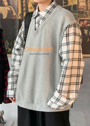 French Grey Peter Pan Collar Plaid Patchwork Cotton Mens Sweatshirt Spring