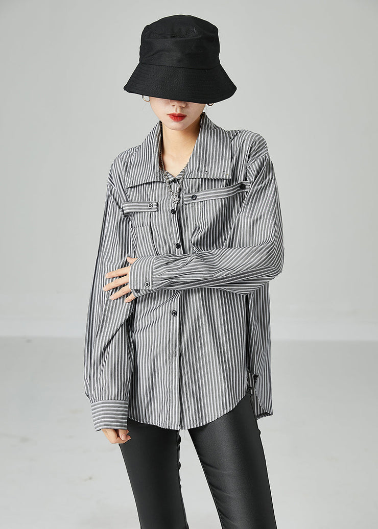 French Grey Peter Pan Collar Striped Pockets Cotton Shirt Spring