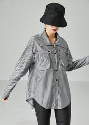 French Grey Peter Pan Collar Striped Pockets Cotton Shirt Spring