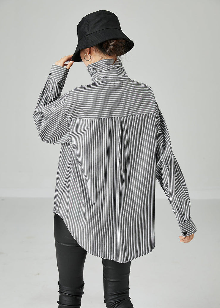 French Grey Peter Pan Collar Striped Pockets Cotton Shirt Spring