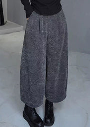 French Grey Pockets Elastic Waist Warm Fleece Wide Leg Pants Spring