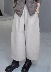 French Grey Pockets Elastic Waist Warm Fleece Wide Leg Pants Spring