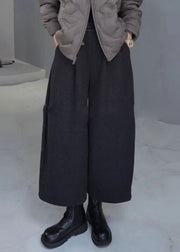 French Grey Pockets Elastic Waist Warm Fleece Wide Leg Pants Spring