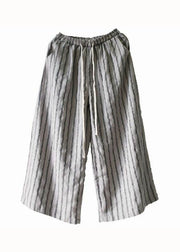 French Grey Pockets Striped Linen Straight Pants Summer