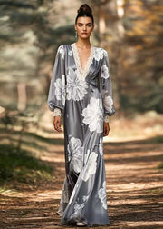 French Grey Print Original Design Silk Long Dress Spring