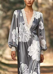 French Grey Print Original Design Silk Long Dress Spring