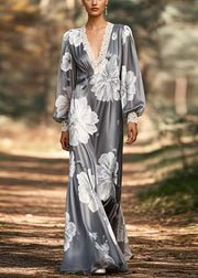 French Grey Print Original Design Silk Long Dress Spring