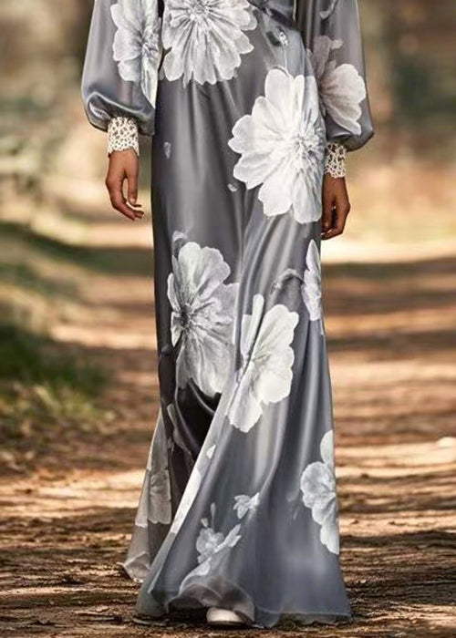 French Grey Print Original Design Silk Long Dress Spring