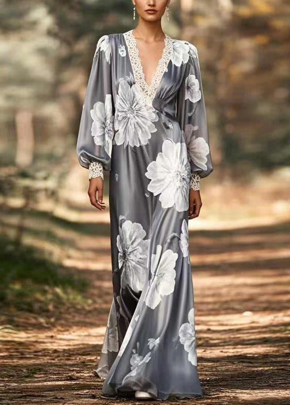 French Grey Print Original Design Silk Long Dress Spring