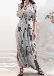French Grey Print Tie Waist Silk Maxi Dresses Half Sleeve
