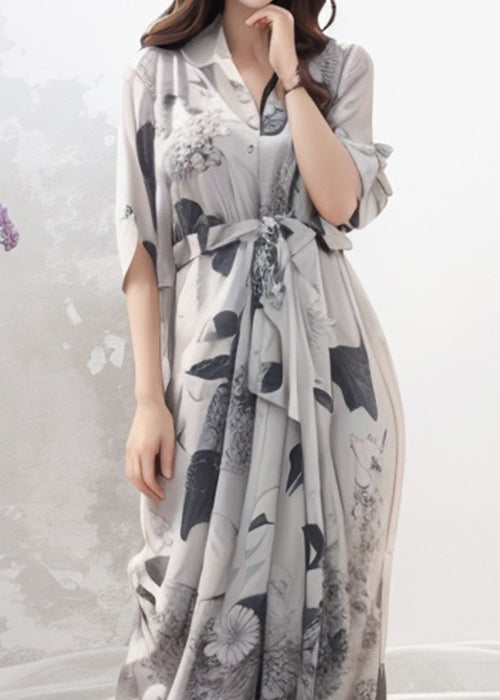 French Grey Print Tie Waist Silk Maxi Dresses Half Sleeve