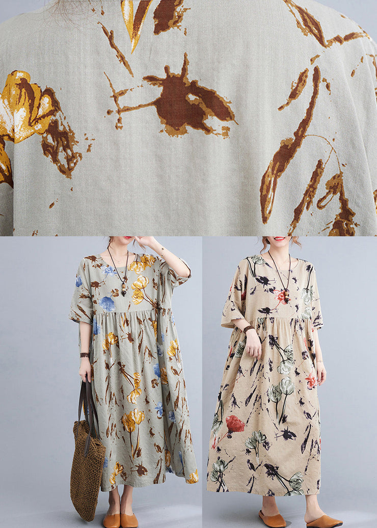 French Grey Print Wrinkled Long Dress Short Sleeve