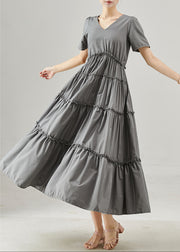 French Grey Ruffled Exra Large Hem Cotton Long Dress Summer