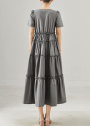 French Grey Ruffled Exra Large Hem Cotton Long Dress Summer