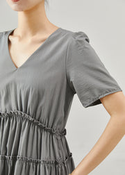 French Grey Ruffled Exra Large Hem Cotton Long Dress Summer