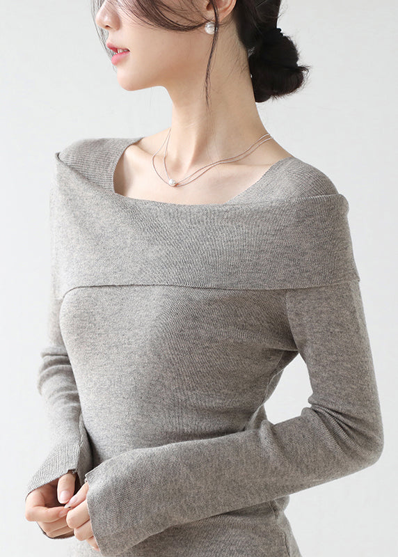 French Grey Slash Neck Patchwork Slim Fit Knit Sweaters Winter