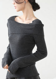 French Grey Slash Neck Patchwork Slim Fit Knit Sweaters Winter