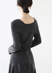 French Grey Slash Neck Patchwork Slim Fit Knit Sweaters Winter