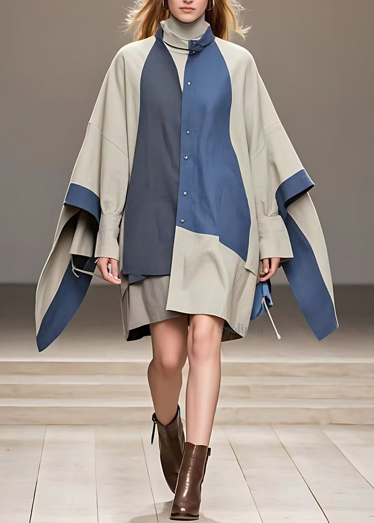 French Grey Stand Collar Asymmetrical Patchwork Coat Long Sleeve