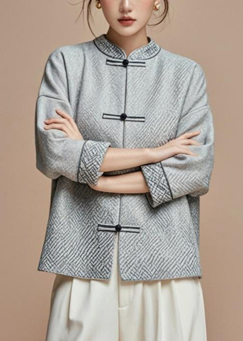 French Grey Stand Collar Button Cotton Fall Coat