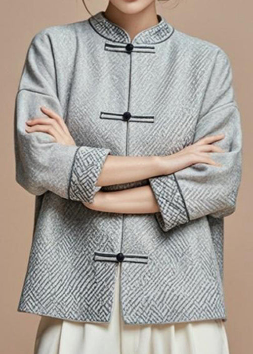 French Grey Stand Collar Button Cotton Fall Coat