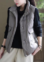 French Grey Stand Collar Button Pockets Duck Down Waistcoat Sleeveless