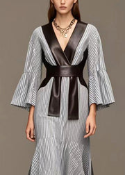 French Grey Striped Patchwork Faux Leather Side Open Full Dresses Spring