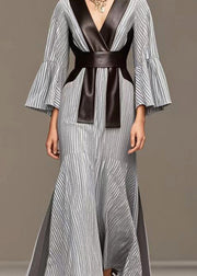 French Grey Striped Patchwork Faux Leather Side Open Full Dresses Fall