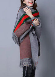 French Grey Tasseled Striped Patchwork Woolen Cardigans Fall