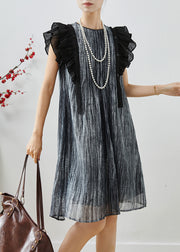 French Grey Tie Dye Chiffon Work Dress Butterfly Sleeve