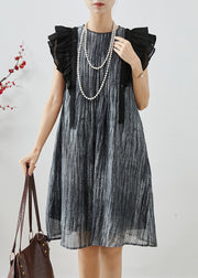 French Grey Tie Dye Chiffon Work Dress Butterfly Sleeve