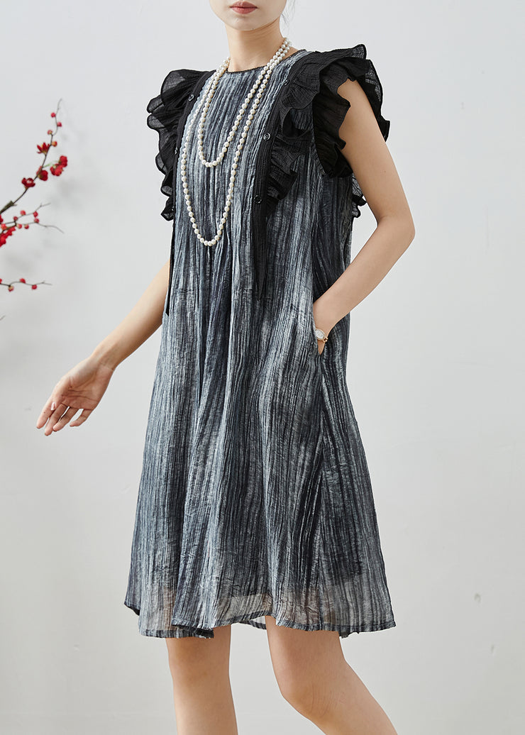 French Grey Tie Dye Chiffon Work Dress Butterfly Sleeve