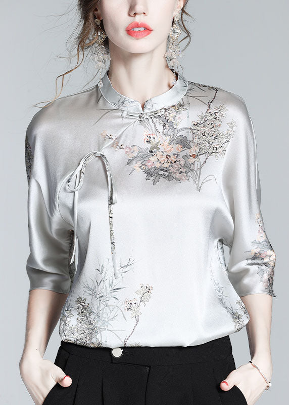 White text Elegant Silk Stand Collar Oriental Satin Shirt Top Half Sleeve Blouse