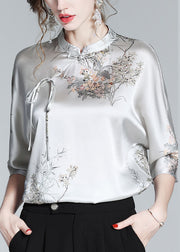 White text Elegant Silk Stand Collar Oriental Satin Shirt Top Half Sleeve Blouse