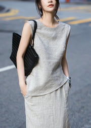 French Grey Tops And Skirts Linen Two Pieces Set Summer