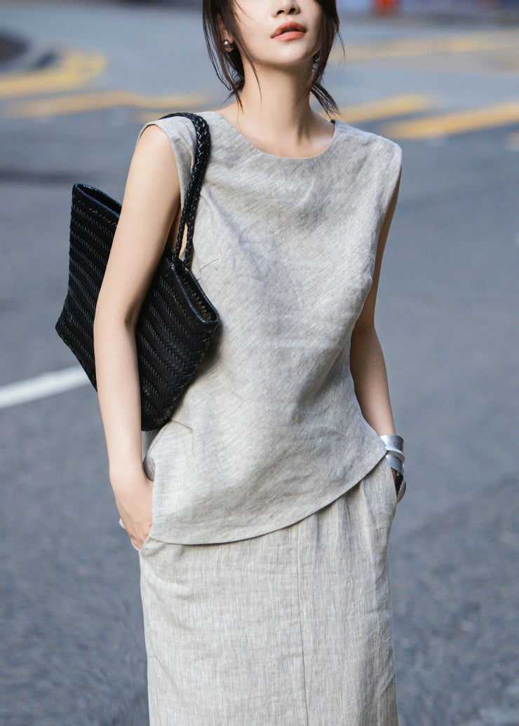 French Grey Tops And Skirts Linen Two Pieces Set Summer