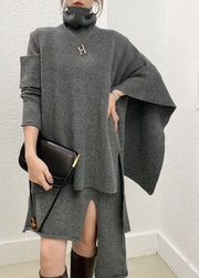 French Grey Turtle Neck Asymmetrical Knit Two Piece Set Outfits Cloak Sleeves